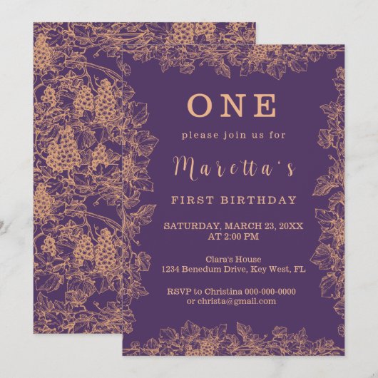 Elegant Leaf First Birthday Uitnodiging (Voorkant / Achterkant)