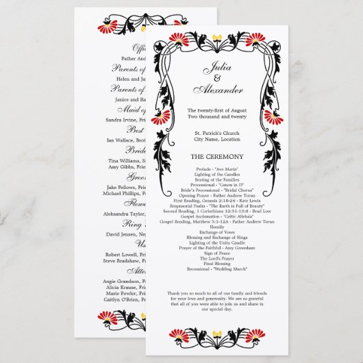 Elegant Leaf Florals and Swirls Wedding Programme Programmakaart (Voorkant / Achterkant)