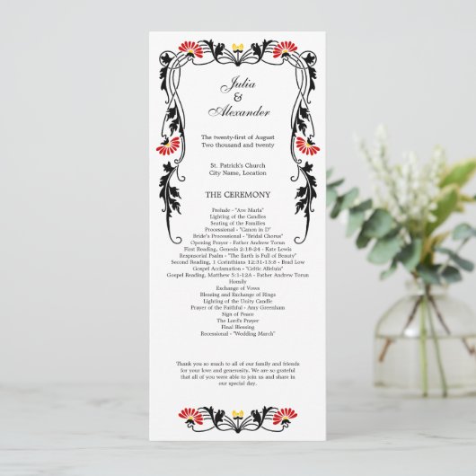 Elegant Leaf Florals and Swirls Wedding Programme Programmakaart (Staand voorkant)