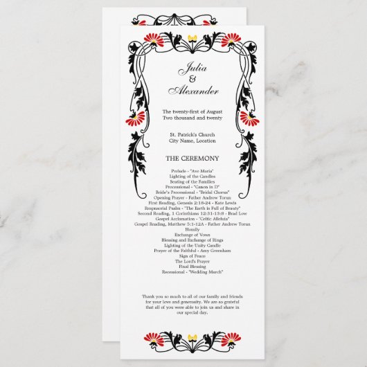 Elegant Leaf Florals and Swirls Wedding Programme Programmakaart (Voorkant / Achterkant)