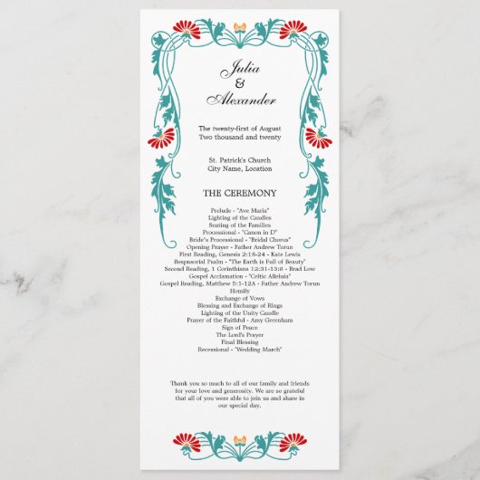 Elegant Leaf Florals and Swirls Wedding Programme Programmakaart (Voorkant)