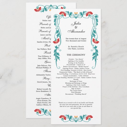 Elegant Leaf Florals and Swirls Wedding Programme Programmakaart (Voorkant / Achterkant)
