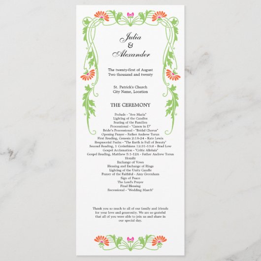 Elegant Leaf Florals and Swirls Wedding Programme Programmakaart (Voorkant)
