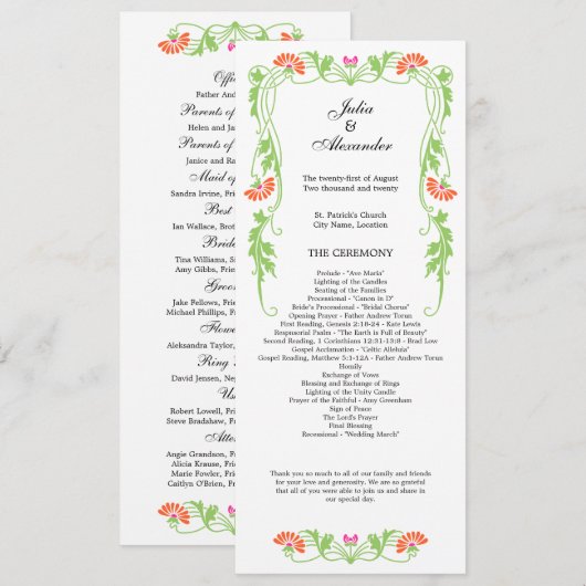 Elegant Leaf Florals and Swirls Wedding Programme Programmakaart (Voorkant / Achterkant)