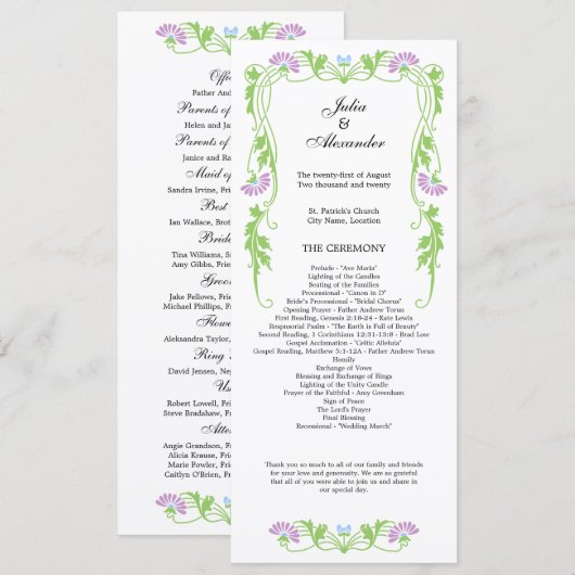 Elegant Leaf Florals and Swirls Wedding Programme Programmakaart (Voorkant / Achterkant)