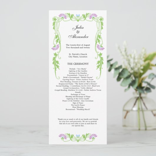Elegant Leaf Florals and Swirls Wedding Programme Programmakaart (Staand voorkant)