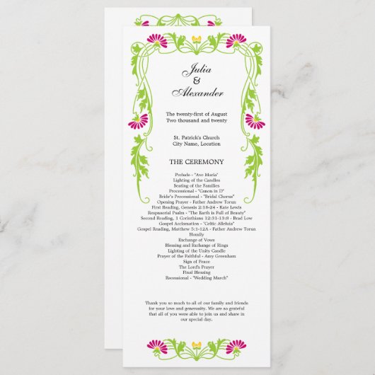 Elegant Leaf Florals and Swirls Wedding Programme Programmakaart (Voorkant / Achterkant)