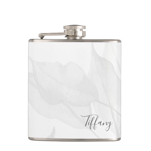 Elegant Leaf Grey Waterverf Persoonlijke naam Heupfles (Voorkant)