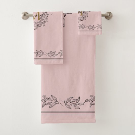 Elegant Leaf illustratie Floral Monogram Pink Bad Handdoek (Insitu)