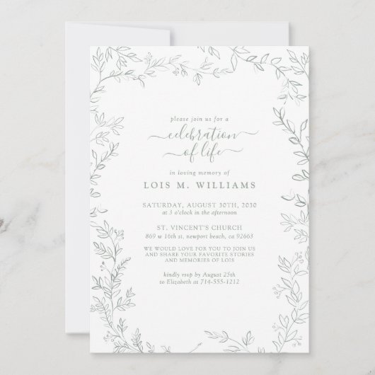 Elegant Leaf Sage Green Celebration of Life Kaart (Voorkant)