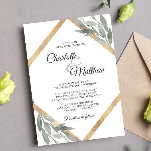 Elegant Leaf Sage Olive Branches Gold Foil Wedding Kaart