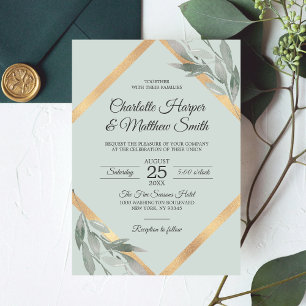 Elegant Leaf Silver Dusty Sage Gold Foil Wedding Kaart