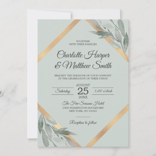 Elegant Leaf Silver Dusty Sage Gold Foil Wedding Kaart (Voorkant)