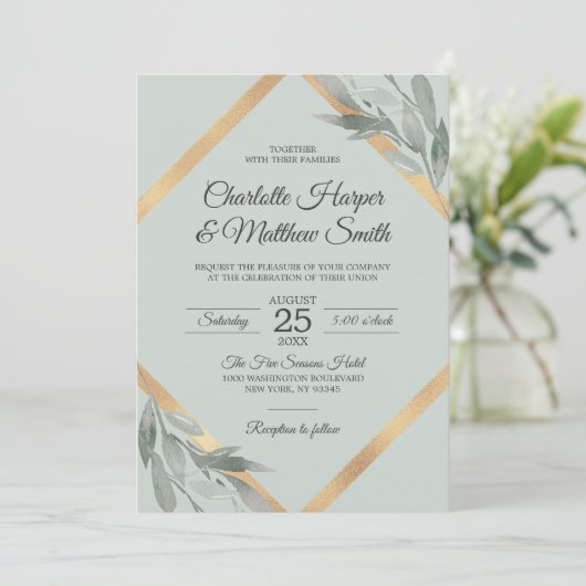 Elegant Leaf Silver Dusty Sage Gold Foil Wedding Kaart (Staand voorkant)