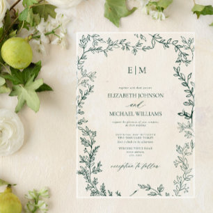 Elegant Leaf Smaragdgroene Monogram Bruiloft Acryl Uitnodigingen