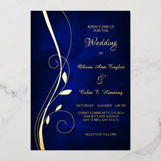Elegant Leaf Swirl Deep Blue Wedding Folie Uitnodiging (Voorkant)