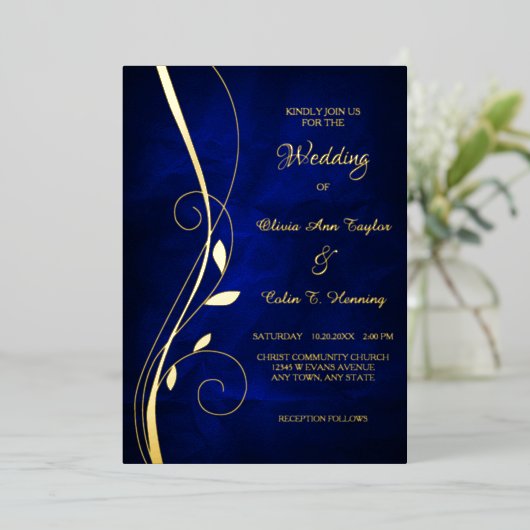 Elegant Leaf Swirl Deep Blue Wedding Folie Uitnodiging (Staand Voorkant)