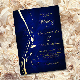 Elegant Leaf Swirl Deep Blue Wedding Folie Uitnodiging