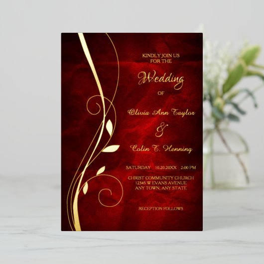 Elegant Leaf Swirl Deep Red Wedding Folie Uitnodiging (Staand Voorkant)