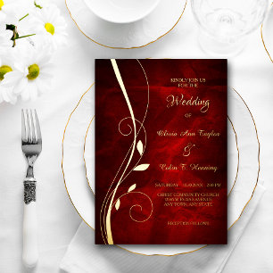 Elegant Leaf Swirl Deep Red Wedding Folie Uitnodiging