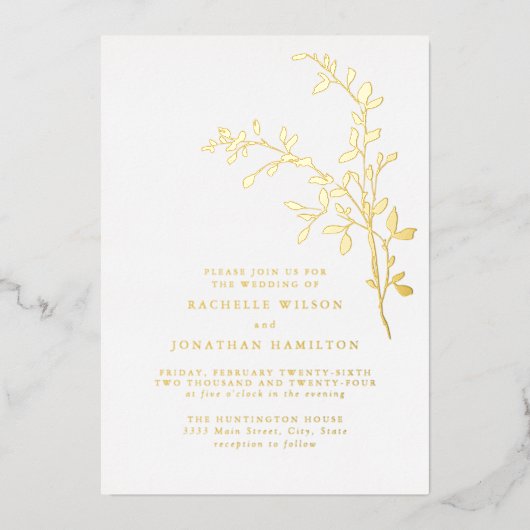 Elegant Leaf Wedding Gold Folie Uitnodiging (Voorkant)