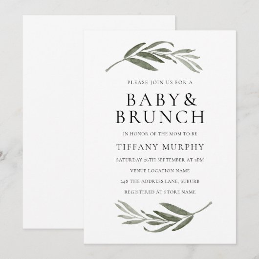 Elegant Leaf Wreath Baby shower Brunch Invite Kaart (Voorkant / Achterkant)