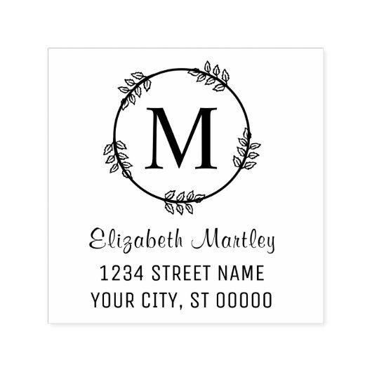 Elegant Leaf Wreath Initiaal Naam Retouradres Zelfinktende Stempel (Design)