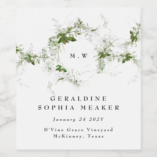 Elegant Leafy Eucalyptus Wreath Monogram Weddensch Wijn Etiket (Enkel label)