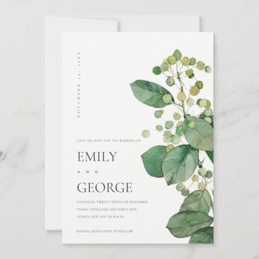 ELEGANT LEAFY FOLIAGE GREENERY SAVE THE DATE CARD BEDANKKAART (Voorkant)