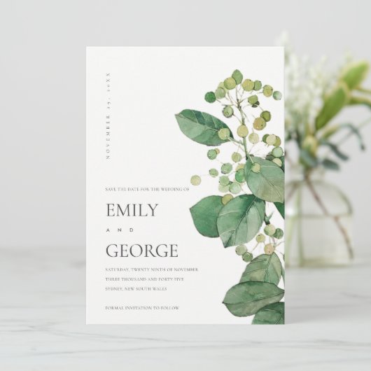 ELEGANT LEAFY FOLIAGE GREENERY SAVE THE DATE CARD BEDANKKAART (Staand voorkant)