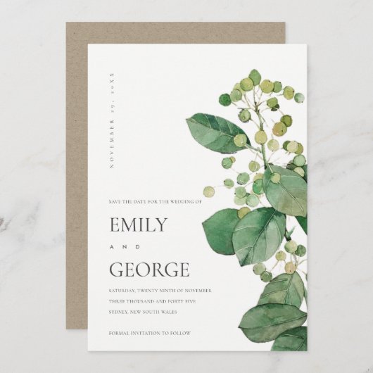 ELEGANT LEAFY FOLIAGE GREENERY SAVE THE DATE CARD BEDANKKAART (Voorkant / Achterkant)