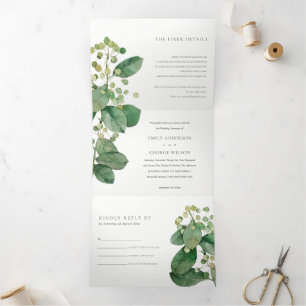 ELEGANT LEAFY FOLIAGE GREENERY WATERCOLOR WEDDING DRIELUIK UITNODIGING