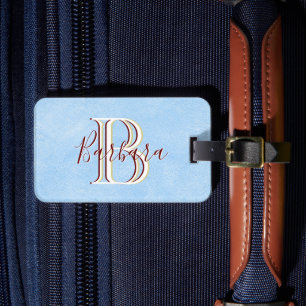 Elegant Leather-look Blue Monogram Name Bagagelabel