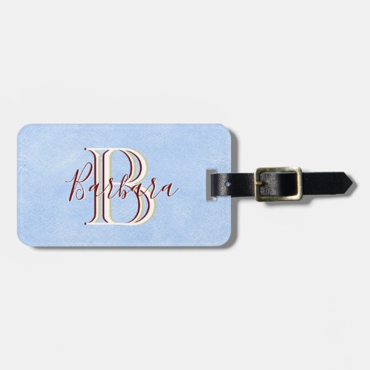 Elegant Leather-look Blue Monogram Name Bagagelabel (Voorkant horizontaal)