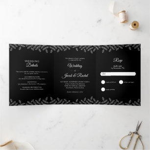 Elegant Leaves Black & White Wedding Drieluik Uitnodiging