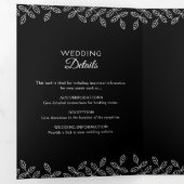 Elegant Leaves Black & White Wedding Drieluik Uitnodiging (Binnenzijde eerst)