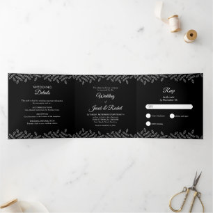 Elegant Leaves Black & White Wedding Tri-Fold Invi Drieluik Uitnodiging
