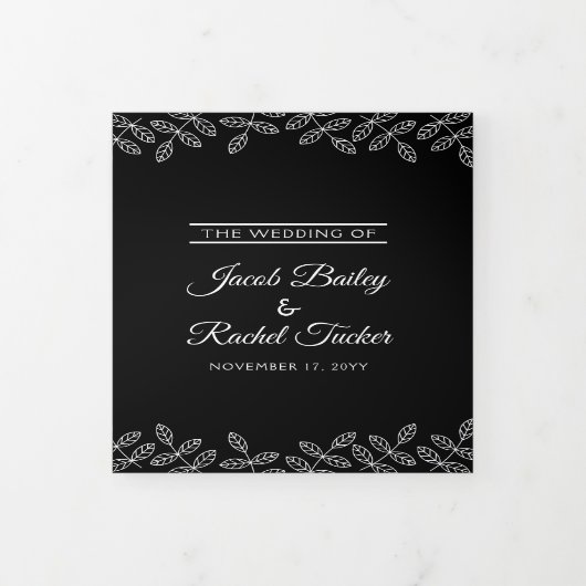 Elegant Leaves Black & White Wedding Tri-Fold Invi Drieluik Uitnodiging (Cover)