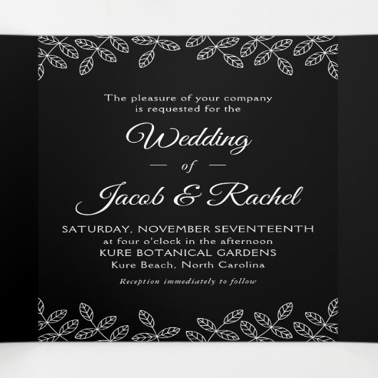 Elegant Leaves Black & White Wedding Tri-Fold Invi Drieluik Uitnodiging (Binnenkant midden)