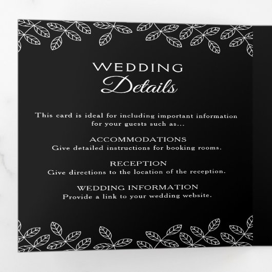Elegant Leaves Black & White Wedding Tri-Fold Invi Drieluik Uitnodiging (Binnenzijde eerst)