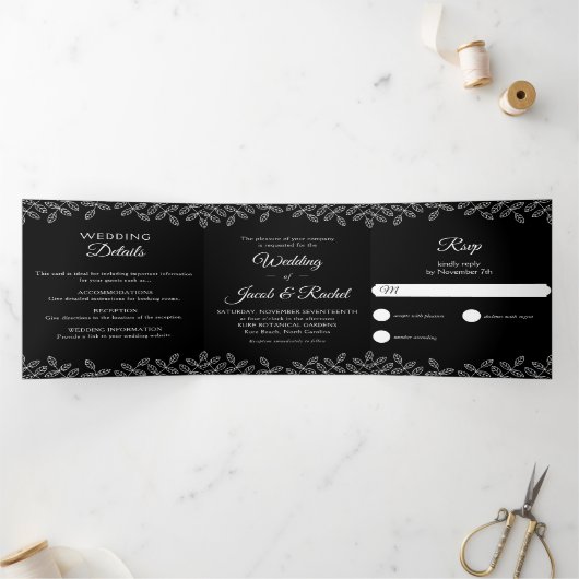 Elegant Leaves Black & White Wedding Tri-Fold Invi Drieluik Uitnodiging (Binnen)