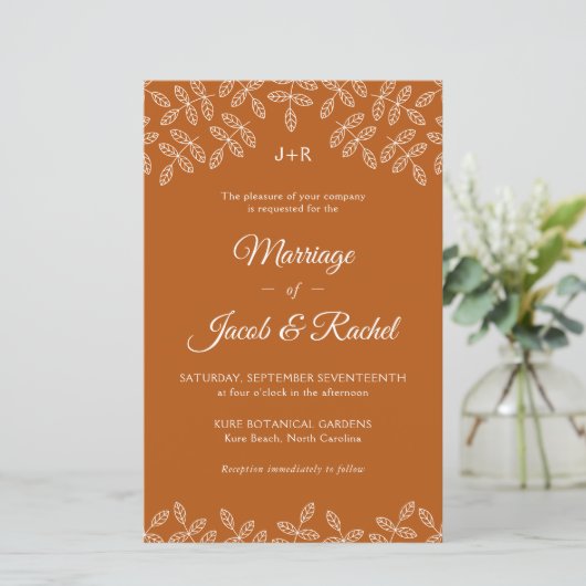 Elegant Leaves Deep Oranje Fall Wedding Invitation (Staand voorkant)