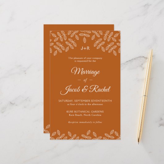 Elegant Leaves Deep Oranje Fall Wedding Invitation (Voorkant / Achterkant in situ)