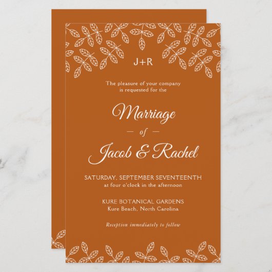 Elegant Leaves Deep Oranje Fall Wedding Invitation (Voorkant / Achterkant)