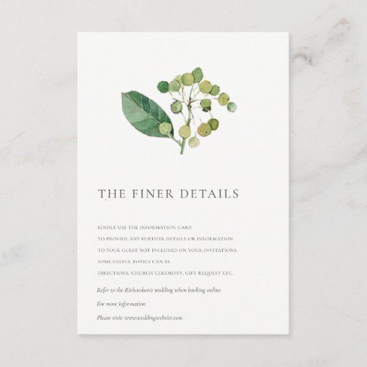 ELEGANT LEAVES FOLIAGE GREENERY WEDDING DETAIL INFORMATIEKAARTJE (Voorkant)