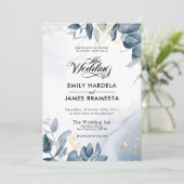 Elegant Leaves Gold Blue Waterverf Wedding Kaart (Staand voorkant)
