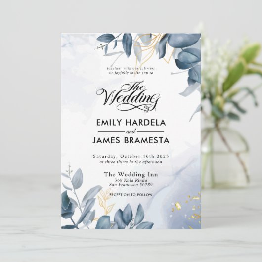Elegant Leaves Gold Blue Waterverf Wedding Kaart (Staand voorkant)