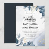 Elegant Leaves Gold Blue Waterverf Wedding Kaart (Voorkant / Achterkant)