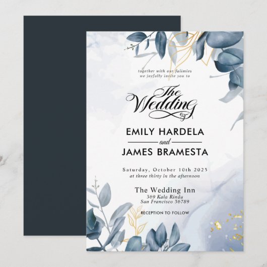 Elegant Leaves Gold Blue Waterverf Wedding Kaart (Voorkant / Achterkant)