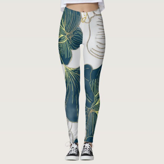 Elegant Leaves of Blue With Gold Lines Botanical Leggings (Voorkant)